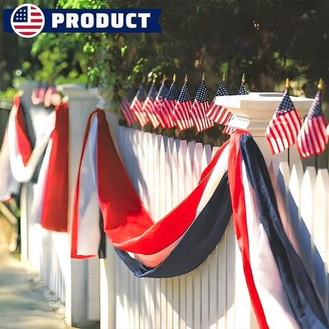 Patriotic Bunting US Flag Decorations 2 Pack 2x20 Ft Red White Blue Banner on outdoor porch fence for Memorial Day