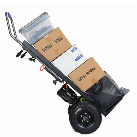 Heavy Duty Electric Stair Climbing Cart With 1500W Motor Handles Up To 880lbs loaded with boxes and gear on an incline.