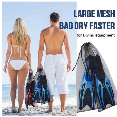2 Pack Diving Snorkeling Mesh Drawstring Bags 29.5 x 10.8 Inches Black Gear Bags For Snorkel Fins And Dive Equipment Travel Backpacks