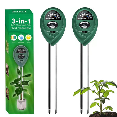 All-In-One Soil Tester 2-Pack, 3-In-1 Moisture Meter, Light Meter And pH Tester beside original packaging and plant