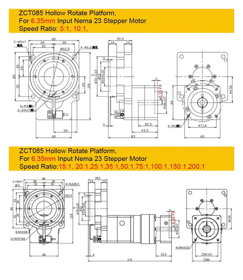 ZCT085 Hollow Rotary Platform 4 Axis Cam Indexer Motor dimensions and specifications for Nema 23 stepper motor.