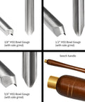 Heavy Hitter M2 HSS Bowl Gouge 3 Pack Side Grind Wood Lathe Turning Chisels showing 3 sizes and beech handle.