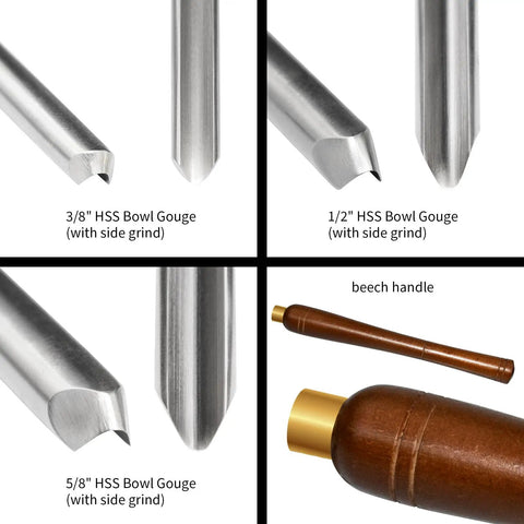 Heavy Hitter M2 HSS Bowl Gouge 3 Pack Side Grind Wood Lathe Turning Chisels showing 3 sizes and beech handle.