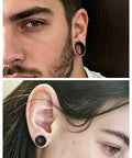Man and woman wearing black silicone ear gauges from Silicone Ear Gauges And Plugs Kit For Ear Stretching Black Invisible Rings Tunnels For Men And Women Starter Expander Set With Multiple Sizes 4mm To 20mm