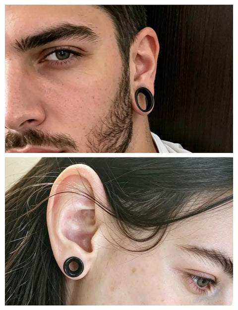 Man and woman wearing black silicone ear gauges from Silicone Ear Gauges And Plugs Kit For Ear Stretching Black Invisible Rings Tunnels For Men And Women Starter Expander Set With Multiple Sizes 4mm To 20mm