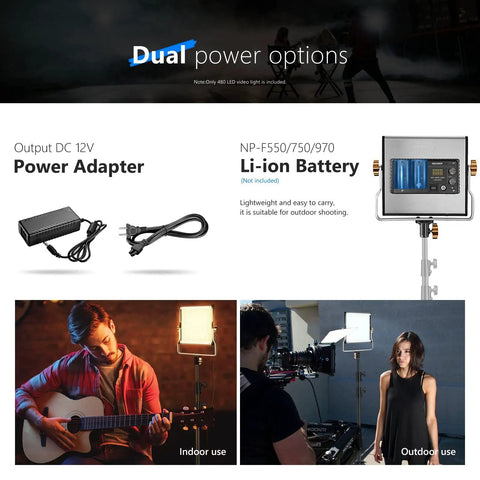 Dimmable Bi Color LED Video Light with dual power options, shown with power adapter and battery options in studio setup.