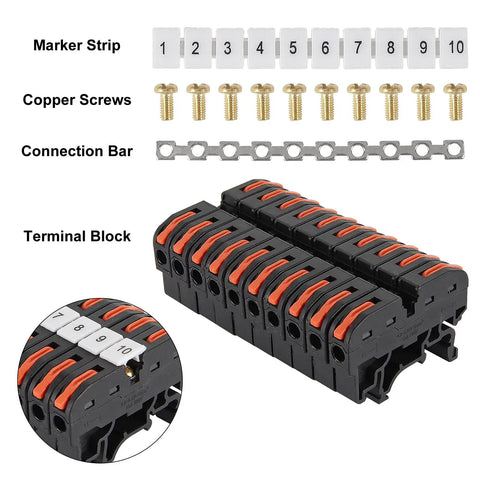 20 Pcs DIN Rail Terminal Blocks Kit With Compact Lever Connectors, marker strips, screws, connection bar for electrical control panels