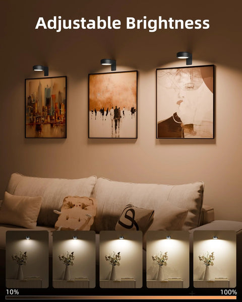 EZVALO three-pack picture lights mounted above framed artwork on wall.