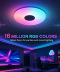 Dimmable 15 Inch LED Ceiling Light With Bluetooth Speaker, 24W, flush mount showcasing RGB colors in a modern living room.