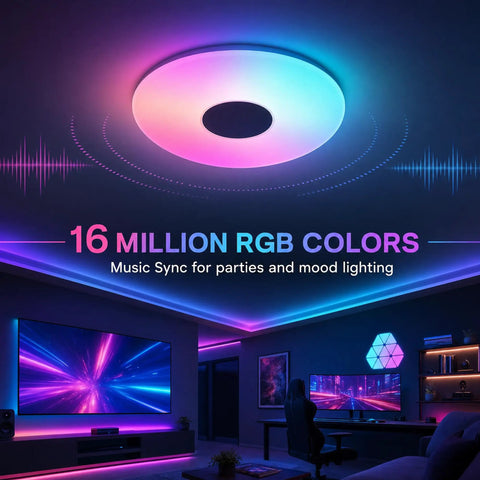 Dimmable 15 Inch LED Ceiling Light With Bluetooth Speaker, 24W, flush mount showcasing RGB colors in a modern living room.