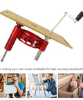 Rugged Aluminum Router Lift Plate With Easy Manual Forty Seven Millimeter Adjustments Fits Standard Sixty Four To Sixty Five Millimeter Trimmers For Sweet Precision And Heavy Duty Woodshop Results showing gold plate and red mechanism.