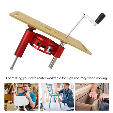 Rugged Aluminum Router Lift Plate With Easy Manual Forty Seven Millimeter Adjustments Fits Standard Sixty Four To Sixty Five Millimeter Trimmers For Sweet Precision And Heavy Duty Woodshop Results showing gold plate and red mechanism.