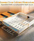 Built Tough Pull Out Cabinet Organizer For Kitchen, labeled dimensions, expandable width 11.5-19, depth 16.5-22, heavy duty design.