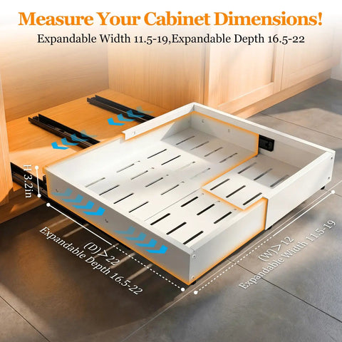 Built Tough Pull Out Cabinet Organizer For Kitchen, labeled dimensions, expandable width 11.5-19, depth 16.5-22, heavy duty design.