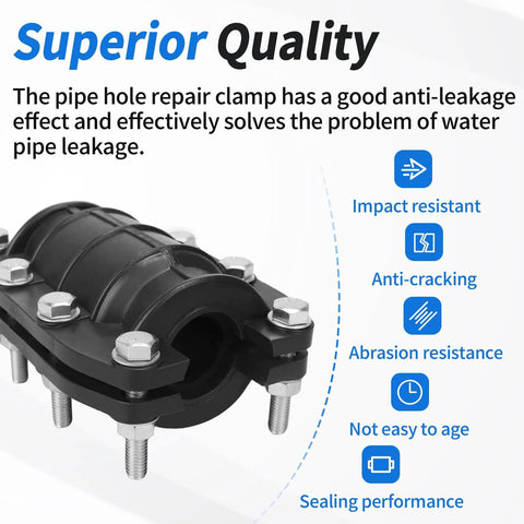Pipe repair clamp, black metal with bolts, for 3/4 in (20 mm) water pipes; emergency leak-seal kit.