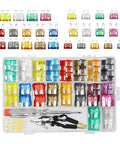 All In One 306 Piece Car Fuses Kit With Aluminum Blade Fuses Circuit Tester And Fuse Puller displayed with multicolor fuses in case