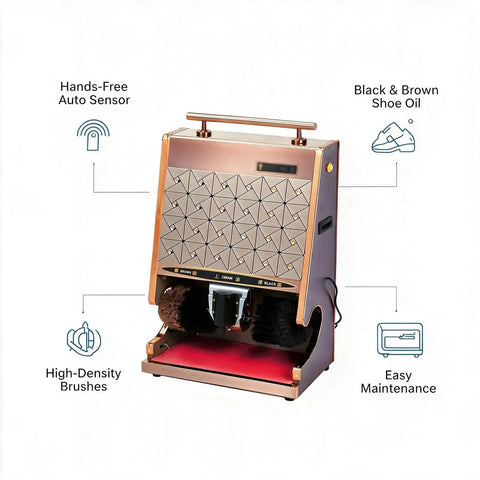 100 Watt Automatic Electric Shoe Polisher With Smart Induction Trigger And Dual Spherical Brushes Plus Integrated Polish Cup For Zero Fuss Killer Shine Ideal For Daily Maintenance Silver with auto sensor and high-density brushes.