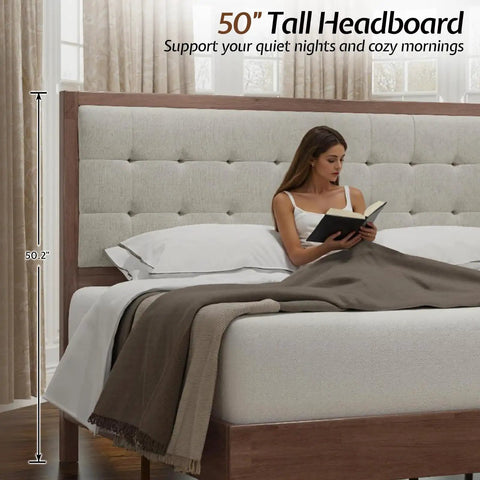 Top Shelf King Bed Frame Crafted From Solid Hardwood With A Fifty Inch Tall Tufted Linen Headboard And Rich Walnut Finish, woman reading in bed.
