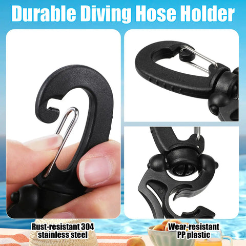 Hand holding 8 Piece Scuba Hose Clips And Silicone Snorkel Keeper Locks Kit For Regulators Masks Snorkels And BCD Gear.