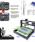 DIY 3 Axis CNC Router Kit With GRBL Control showing detailed specs, aluminum frame, and 18x10x4.5 cm working area.