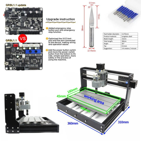 DIY 3 Axis CNC Router Kit With GRBL Control showing detailed specs, aluminum frame, and 18x10x4.5 cm working area.