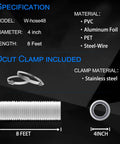 4 Inch Dryer Vent Hose 8 Foot Flexible Insulated Ducting With Aluminum Foil PVC Layer 360 Degree Flex For HVAC Venting White Includes 2 Clamps Easy Install No Fuss specifications with image of hose and clamps.