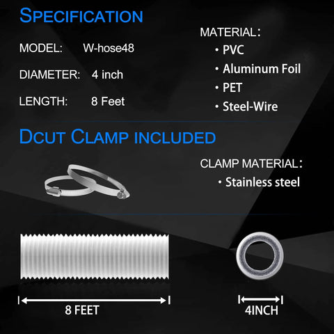 4 Inch Dryer Vent Hose 8 Foot Flexible Insulated Ducting With Aluminum Foil PVC Layer 360 Degree Flex For HVAC Venting White Includes 2 Clamps Easy Install No Fuss specifications with image of hose and clamps.