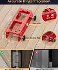 Adjustable Door Hinge Jig Tool For Router Durable Aluminum Mortise Jig Fits Door Hinges From Two And A Half To Five Inches Hinge Template Installation Kit With One Quarter Inch And Five Eighths Inch Radius And Square Corner Templates Red, shown with measurements and dual-knob feature on a wooden floor.