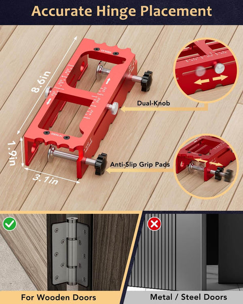 Adjustable Door Hinge Jig Tool For Router Durable Aluminum Mortise Jig Fits Door Hinges From Two And A Half To Five Inches Hinge Template Installation Kit With One Quarter Inch And Five Eighths Inch Radius And Square Corner Templates Red, shown with measurements and dual-knob feature on a wooden floor.