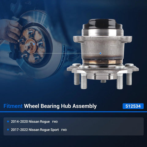Rear Wheel Bearing And Hub Assembly For Nissan Rogue 2014 To 2020 And Rogue Sport 2017 To 2022 FWD Only With ABS 5 Lug