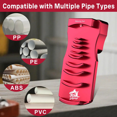 Hassle Free 9 In 1 PVC Pipe Deburring And Chamfer Tool Kit Adjustable Bevel Depth with red ergonomic design for PVC, ABS, PE, and PP pipes.