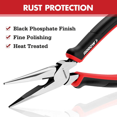 Close-up of 8 Inch Needle Nose Pliers from 3 Piece Pliers Set Including 8.5 Inch Linesman, 8 Inch Needle Nose Pliers, 6 Inch Diagonal Cutter, Comfortable Ergonomic Anti Slip Handle, Carbon Steel Construction For Durable And Precise Gripping For Basic Home Repairs showing rust protection features.