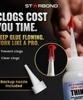 Handy Dandy Kick Butt Quick Cure Super Glue Kit With No Drip Microtips Anti Clog Cap Plus Extra Nozzles on a bottle with red nozzle.
