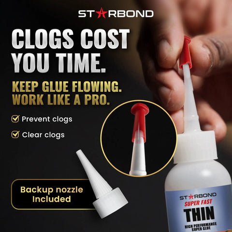 Handy Dandy Kick Butt Quick Cure Super Glue Kit With No Drip Microtips Anti Clog Cap Plus Extra Nozzles on a bottle with red nozzle.