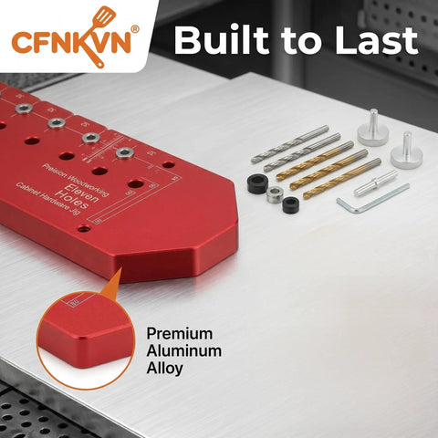 Professional Self Clamping Shelf Pin Jig Drills Eleven Perfectly Aligned Holes In One Straight Shot with premium aluminum alloy.