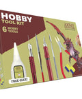 Packaging of One Box Fits All Hobby Tool Kit With Glue And Six Essential Tools For Miniature Assembly Drill With Bits Knife