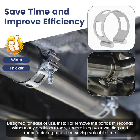 Heavy Duty Exhaust Tacking Band Set, 5 Piece, 304 Stainless Steel, 2 to 4 Inches, shown securing exhaust pipe