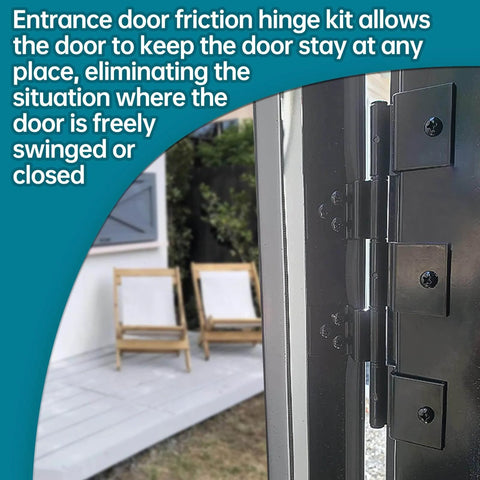 Entry Door Replacement Hinge Kit for RV and Camper Friction Door Hinge Set installed on door, securing position and weather resistant.