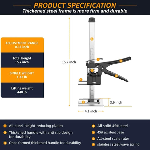 Labor-Saving Arm Jack Two-Piece Set For Wall Tile Positioning Doors Windows Cabinets And Furniture Lifts Drywall Lifts And Installation Tools, Easy Panel Lifting With Adjustable Height And Quick Release Button, 15.7-Inch Build For Heavy-Duty DIY Projects in front view highlighting dimensions and material specifications.
