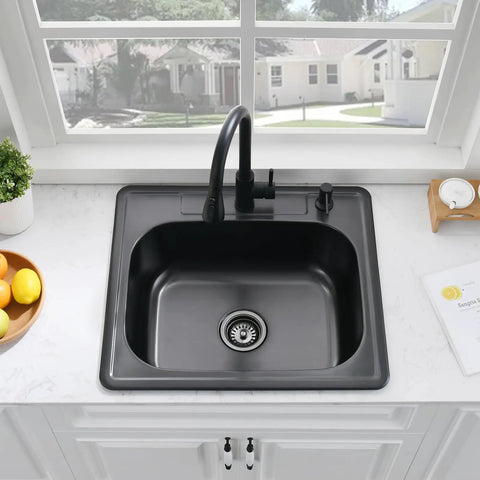 Overhead view of a 25 by 22 Inch Drop In Kitchen Sink Stainless Steel 16 Gauge Deep Single Bowl Topmount with faucet visible.
