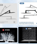 Comparison of 10 Inch Rainfall Filtered Shower Head With Handheld, High Pressure Matte Black Shower System showing adjustable extension arm and water spray patterns.