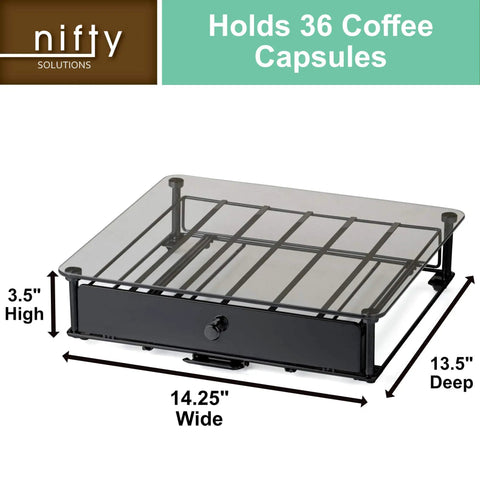 Rolling Coffee Pod Drawer With Tempered Glass And Black Finish, Holds 36 KCups, dimensions labeled for under counter storage.