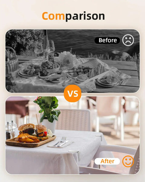 Comparison of table settings with and without 12 Pack Heavy Duty Tablecloth Clips, Stainless Steel Rust Proof Tablecloth Clamps.