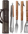 Stainless Steel BBQ Grill Tools Set With Ergonomic Wood Handles Includes Spatula Tongs Knife Fork And Carry Bag for Outdoor Grilling