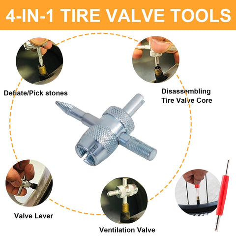 4-in-1 tire valve tools including Quick Tire Valve Change Tool Kit for Cars Trucks and ATVs with solid steel build.