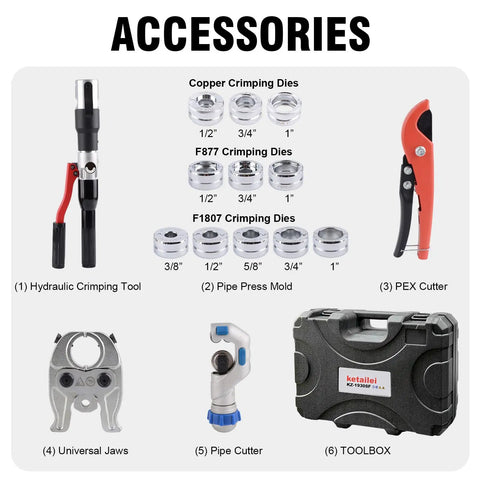 Hydraulic Crimping Tool With 65 MPa Auto Pressure Relief, One Half To One Inch Dies For Copper Pipes And F877 PEX Sleeves, Three Eighths To One Inch Dies For ASTM F1807 PEX Rings, Lightweight Yet Rugged Aluminum Construction, Leak Proof System For Pro accessories set with dies, cutter, jaws, and toolbox
