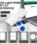 Bluetooth Thermal Shipping Label Printer For Small Biz Wireless 4x6 Label Printer That Works With IPhone Android Windows Great For Amazon eBay Shopify Etsy White with labels and laptop setup.