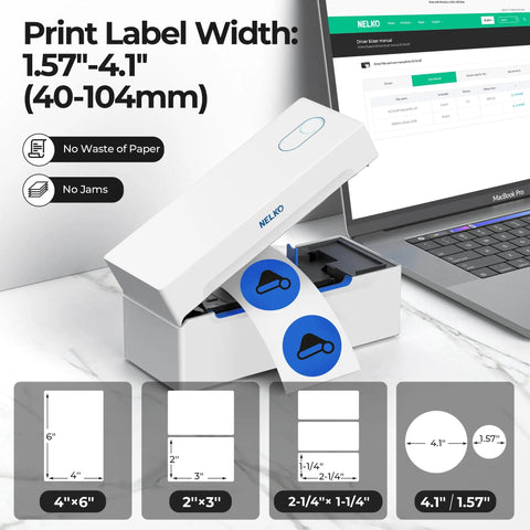 Bluetooth Thermal Shipping Label Printer For Small Biz Wireless 4x6 Label Printer That Works With IPhone Android Windows Great For Amazon eBay Shopify Etsy White with labels and laptop setup.