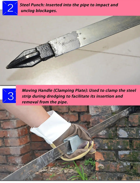Steel Punch and Moving Handle of Heavy Duty Flat Iron Drain Cleaning Steel Tape Manual Auger for unclogging pipes.