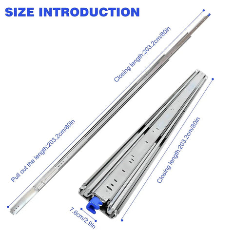 Beefed Up 500 Lb Drawer Slides, 72 To 80 Inch Full Extension With Automatic Lock, Steel Ball Bearing Rails For Smooth Glide, Built Tough For Cabinets, Tool Chests, Vans And RVs, 80in closed and extended view